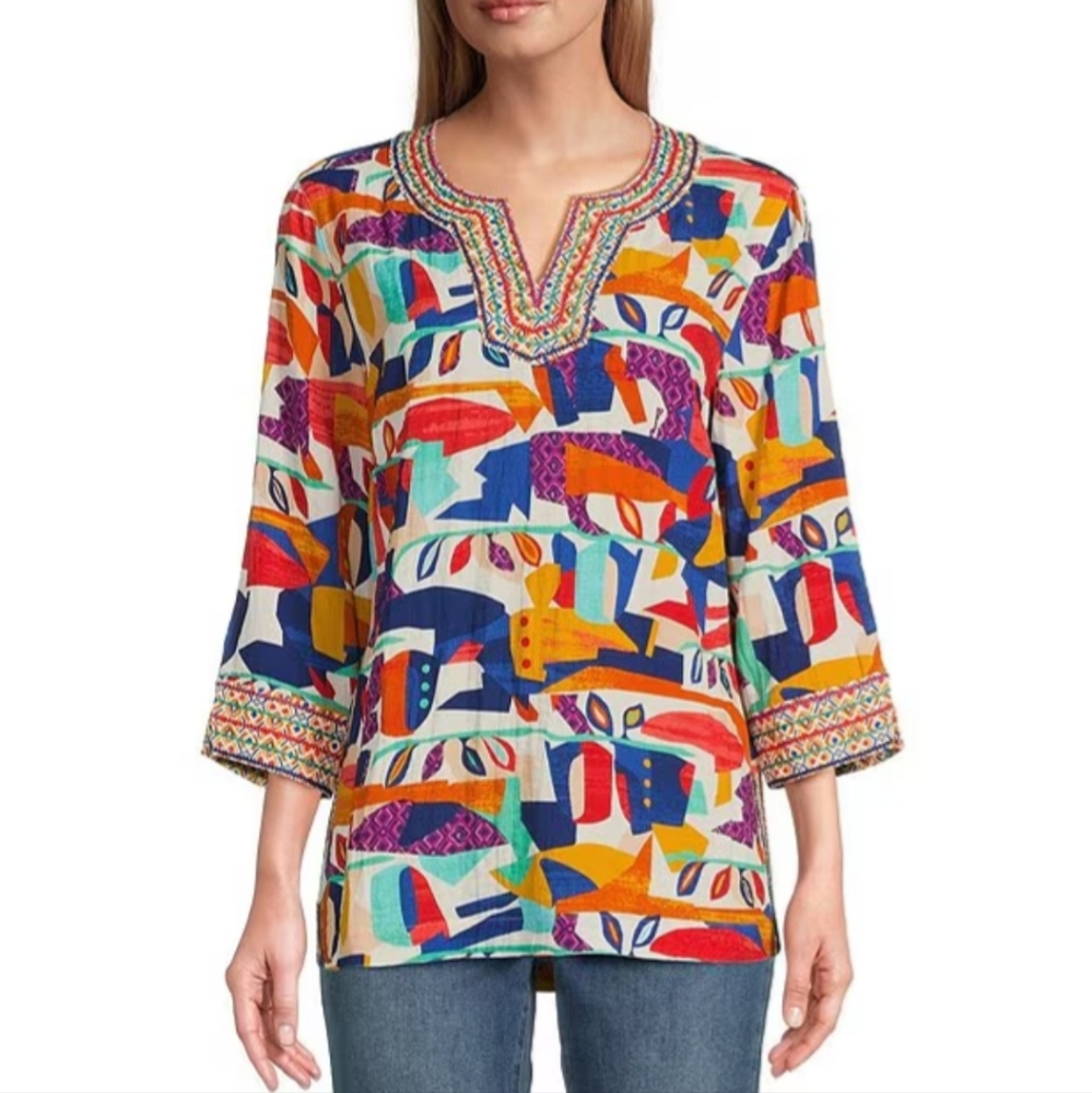 John Markgeometric Abstract Print Embroidered Spl… - image 1